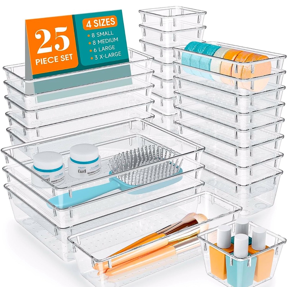 25 PCS Clear Plastic Drawer Organizer Set, 4 Sizes included in set.